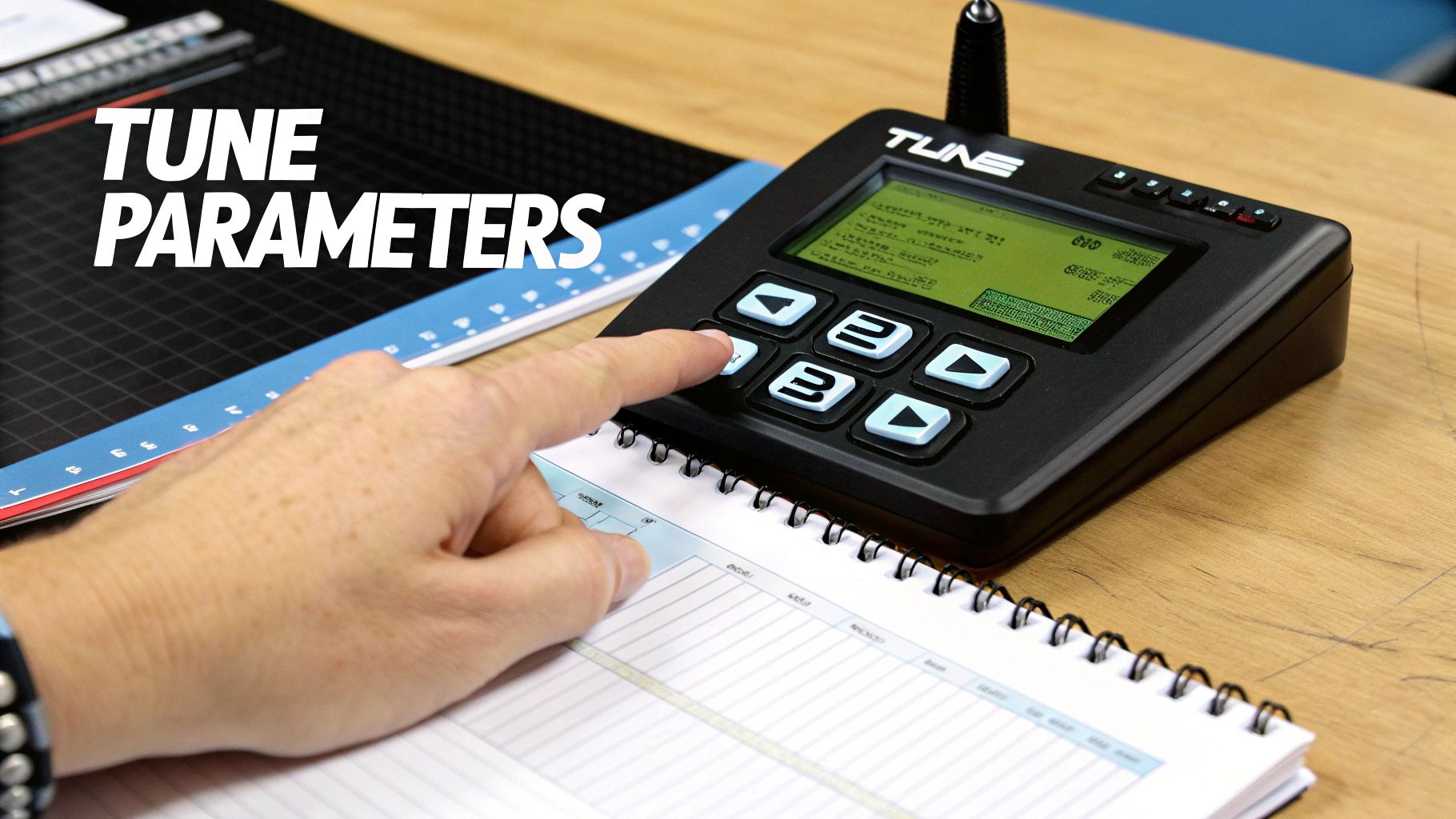A person's hand presses buttons on a black program card device to tune parameters.