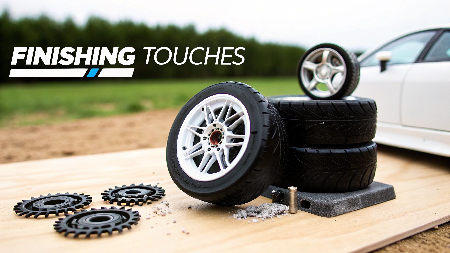 Model car wheels, tires, and gears on a wooden surface with an RC car in the background, labeled 'Finishing Touches'.