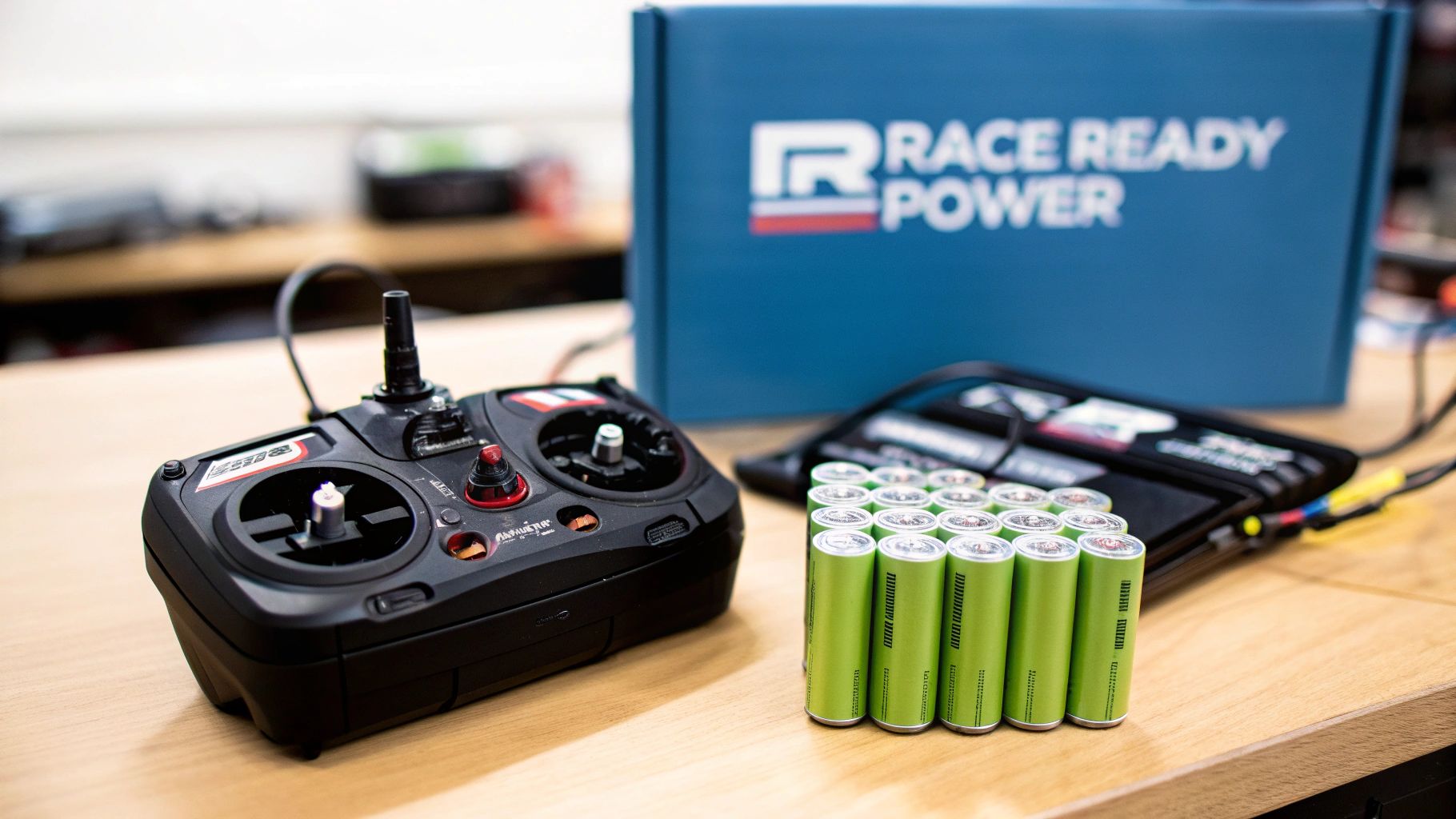 RC remote control, multiple green rechargeable batteries, and a charger sit on a wooden table.
