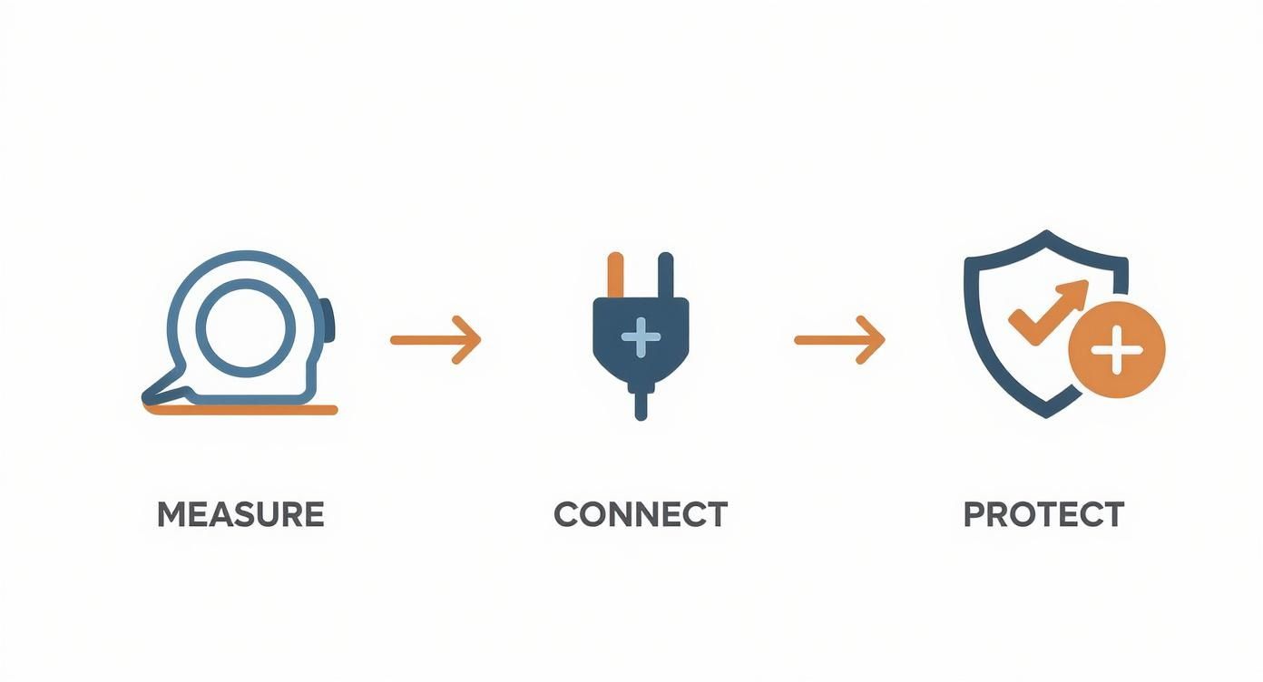A visual representation of a three-step process: measure, connect, and protect, depicted with icons and arrows.