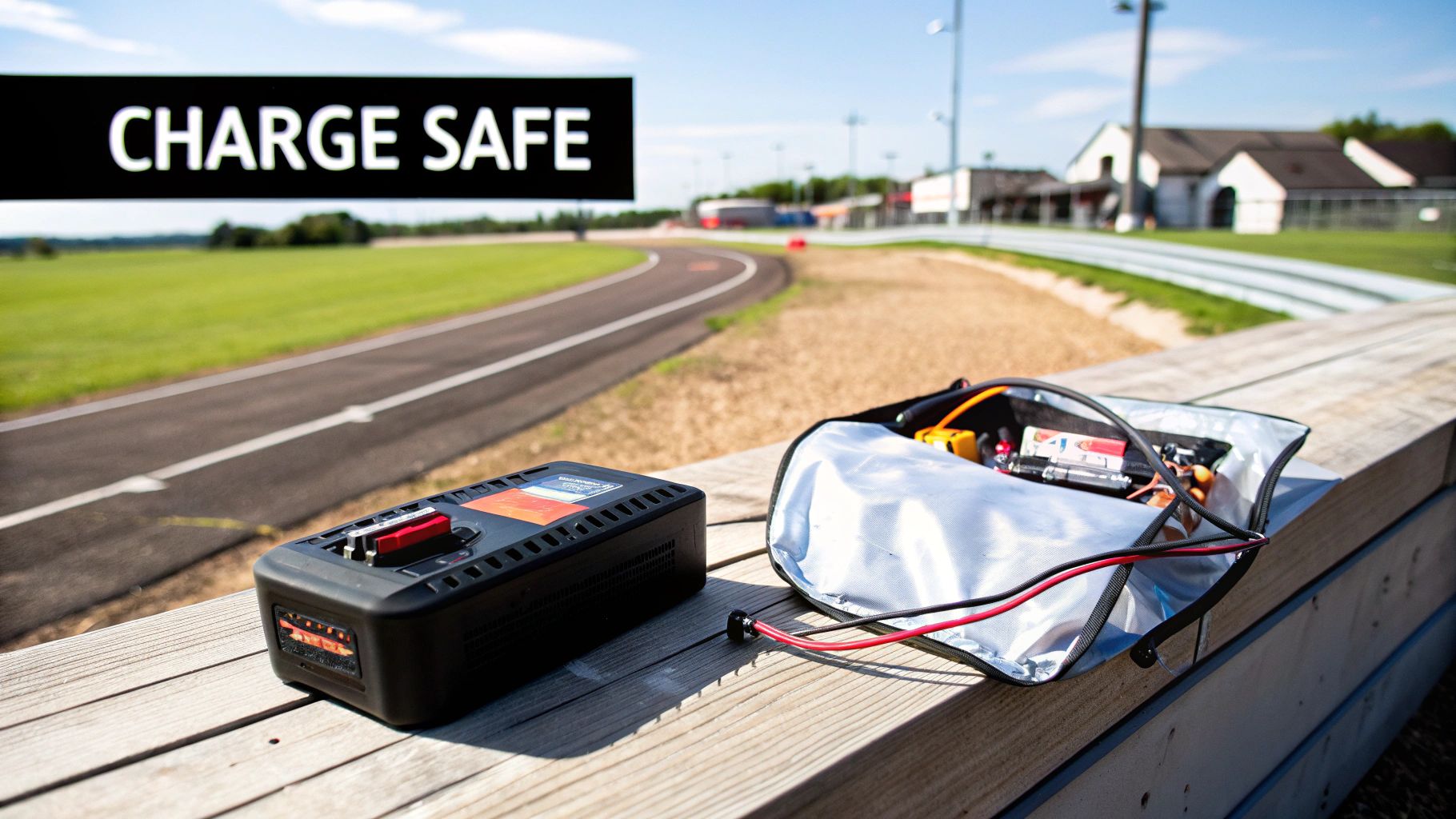 A Spektrum Smart charger and a LiPo safety bag on a wooden bench at an outdoor race track.