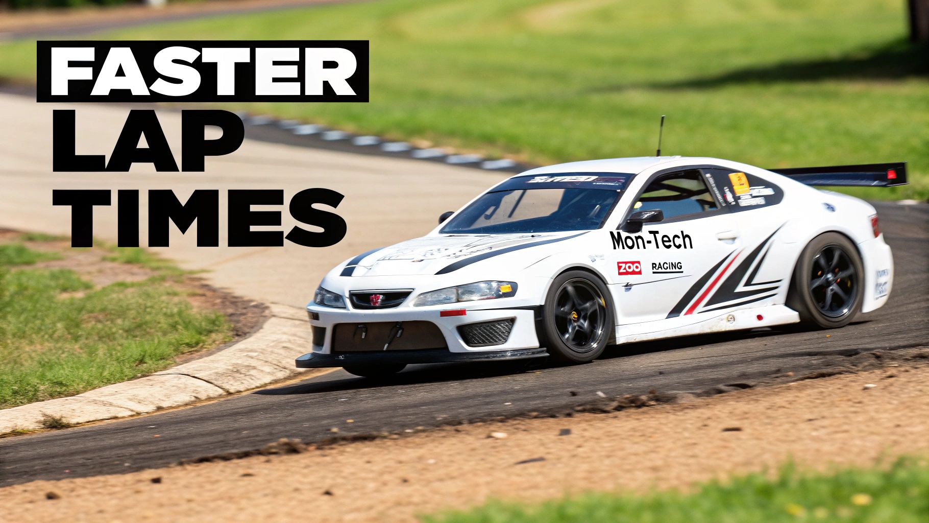A white Mon-Tech RC race car with 'FASTER LAP TIMES' text speeds around a track.