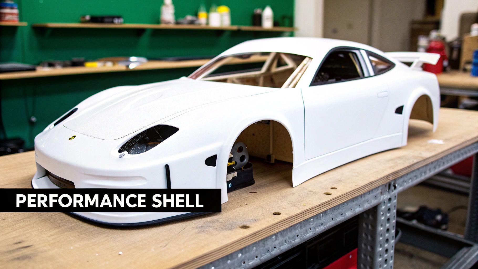 A detailed shot of a white performance RC car body shell resting on a wooden workbench.