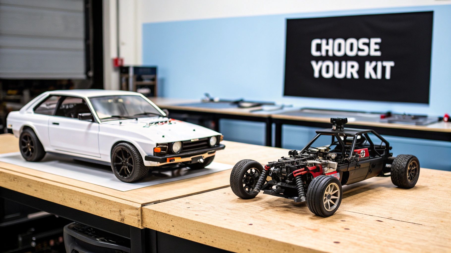 Two RC car models, one white coupe and one black buggy chassis, on a wooden table.