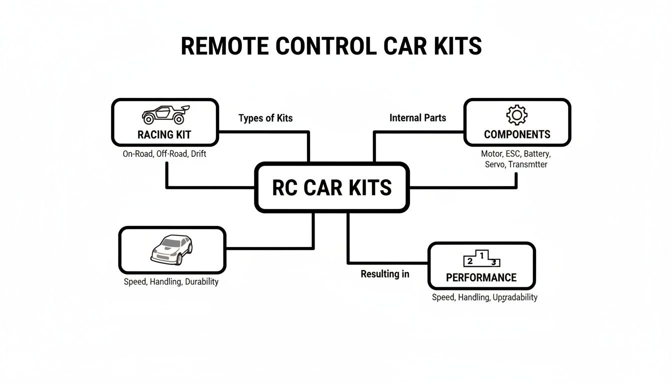 Mind map detailing RC car kits, including types, components, and performance characteristics like speed and durability.