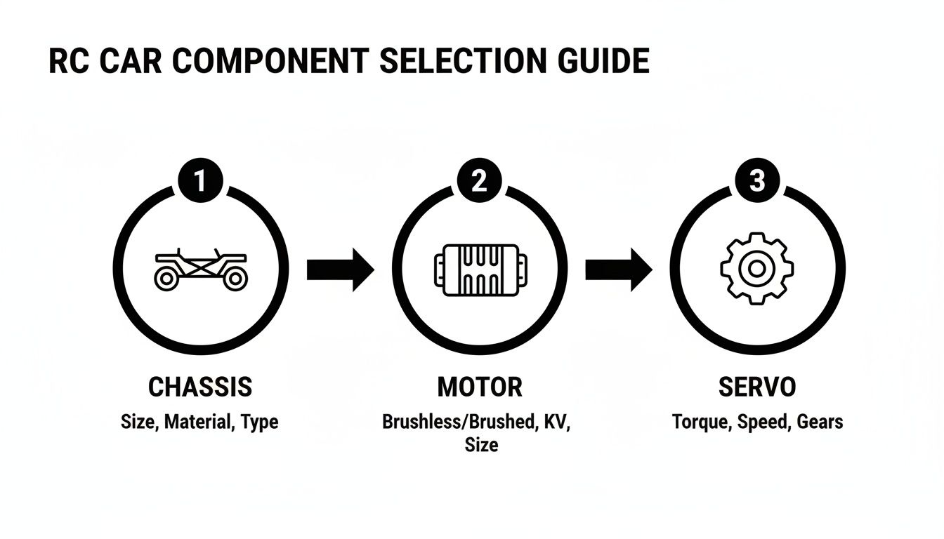 An RC car component selection guide showing steps for choosing chassis, motor, and servo.