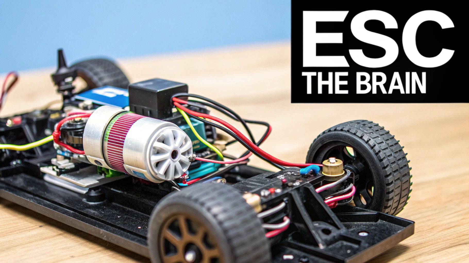 Close-up of an RC car's electronic speed control (ESC) and motor, with detailed wiring.