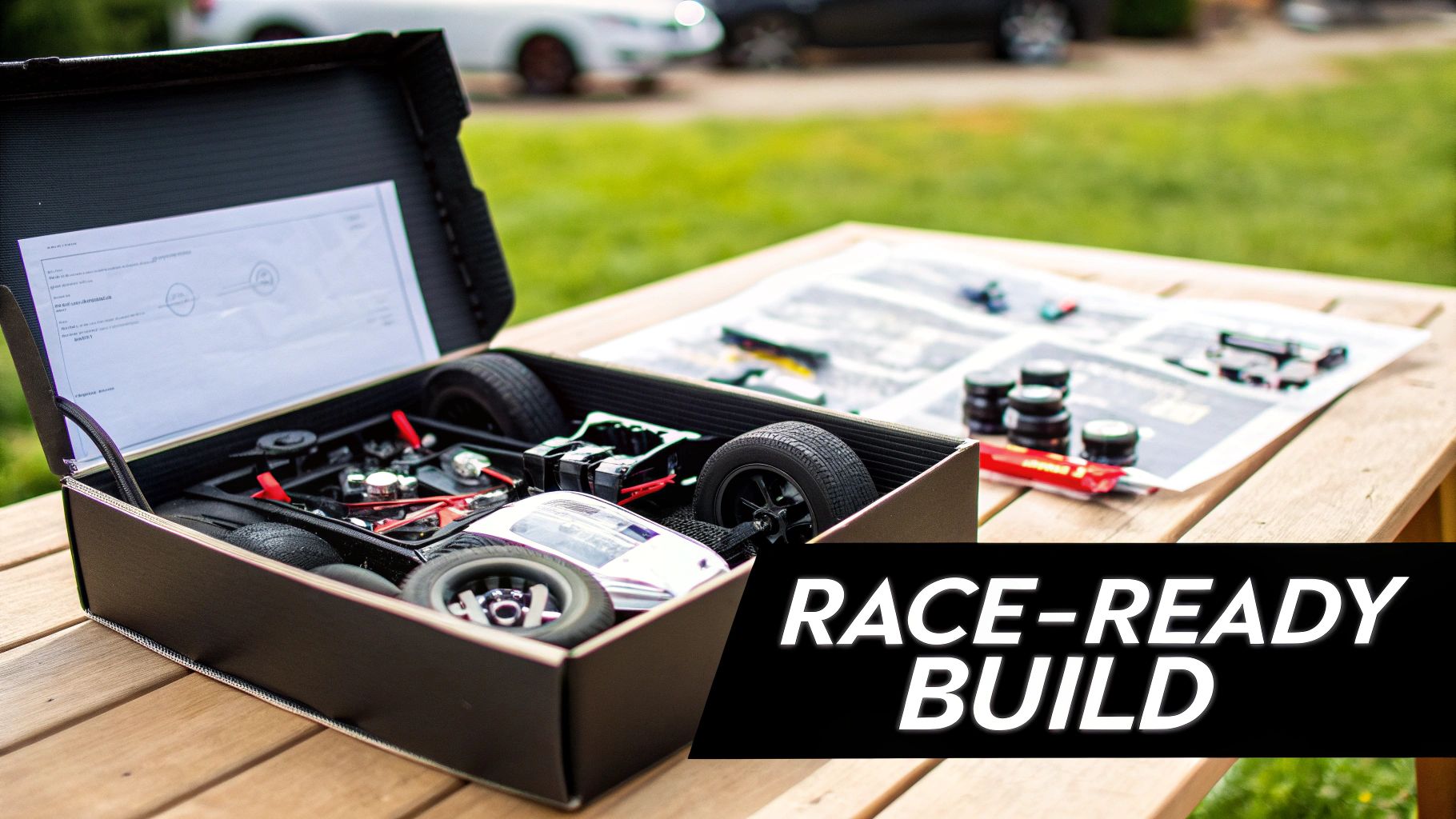 A remote control car kit, with an open box showing parts and instructions, on a wooden table.