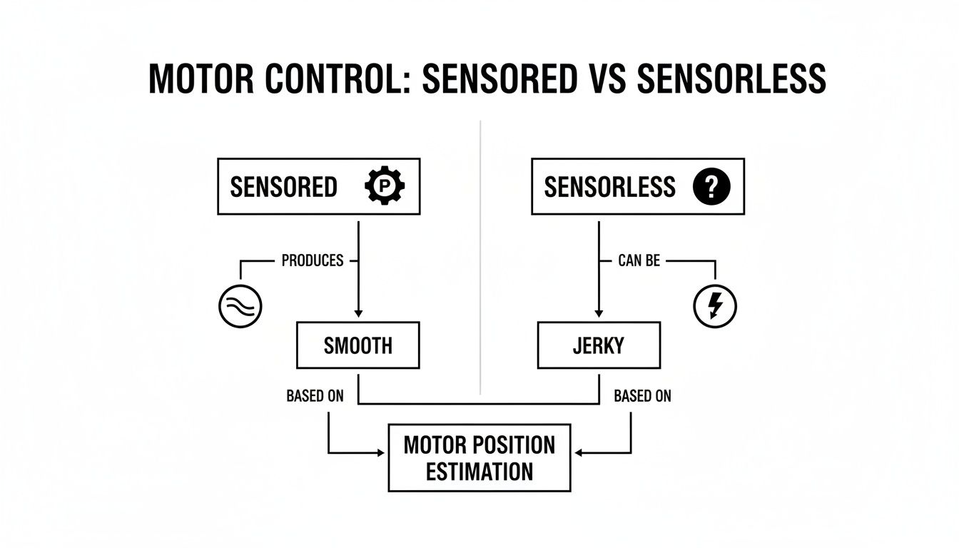 Flowchart comparing sensored and sensorless motor control, showing sensored is smooth and sensorless can be jerky, both relying on motor position estimation.