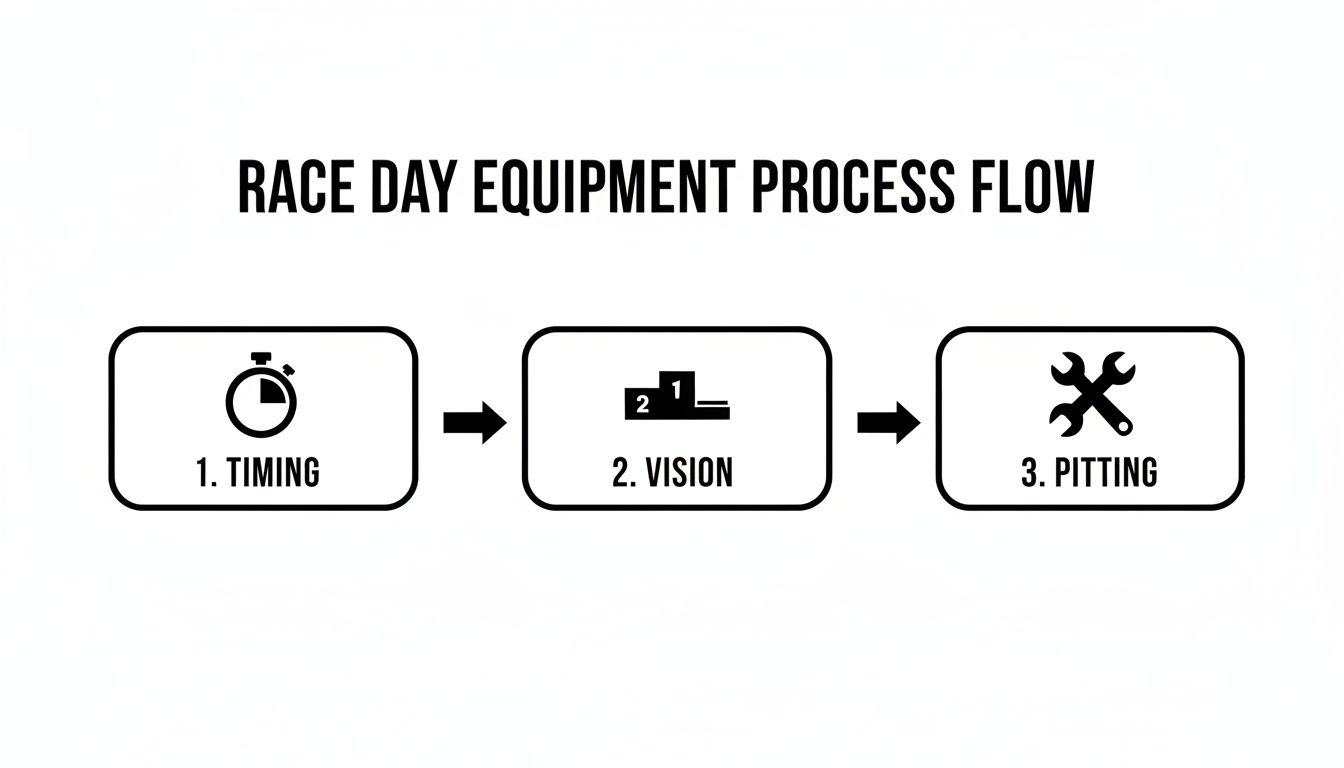 A process flow diagram illustrating three key steps for race day equipment: Timing, Vision, and Pitting.