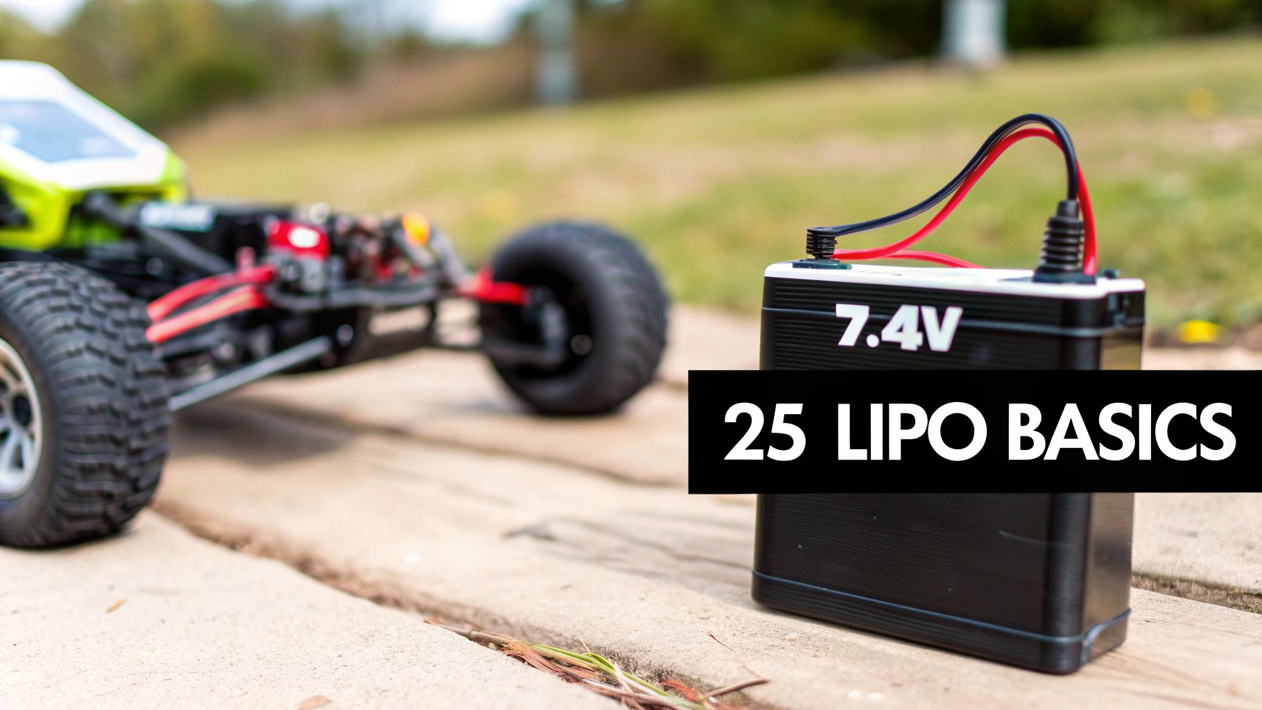 A black 7.4V LiPo battery with wires next to a blurry RC car on a wooden surface.