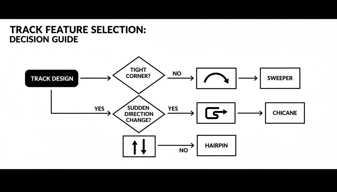 A decision guide flowchart for selecting RC racing track features: sweeper, chicane, and hairpin.