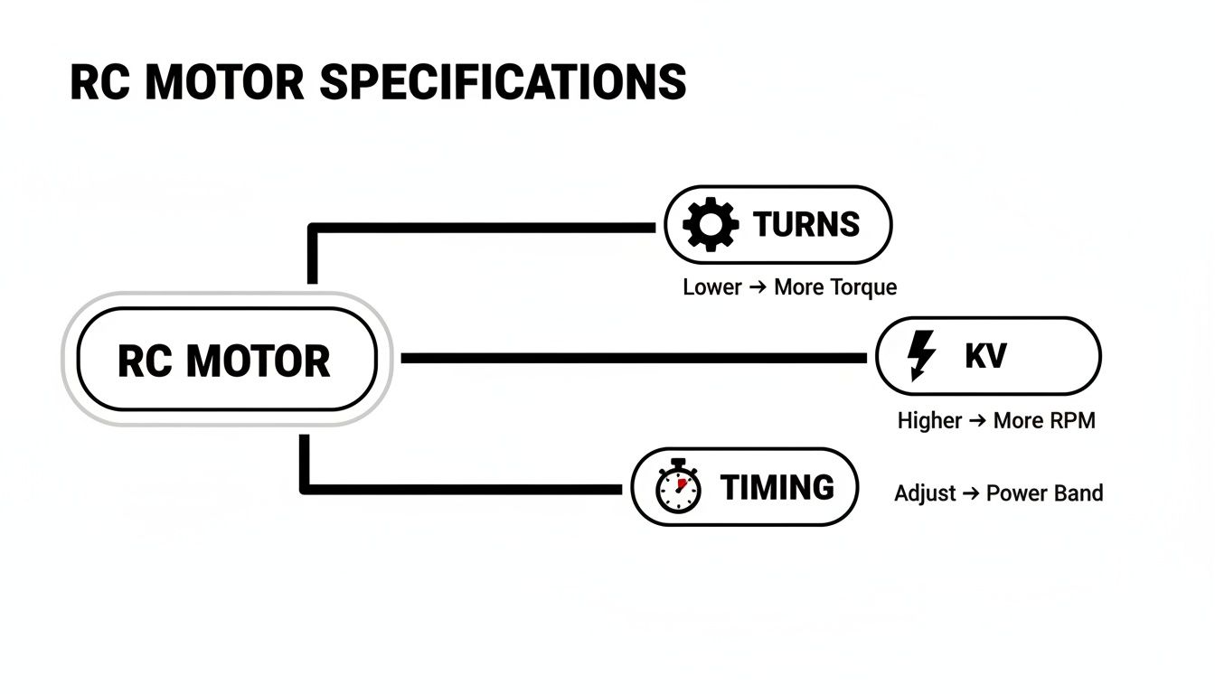 Diagram illustrating RC motor specifications: Turns (lower for more torque), KV (higher for more RPM), and Timing (adjust for power band).