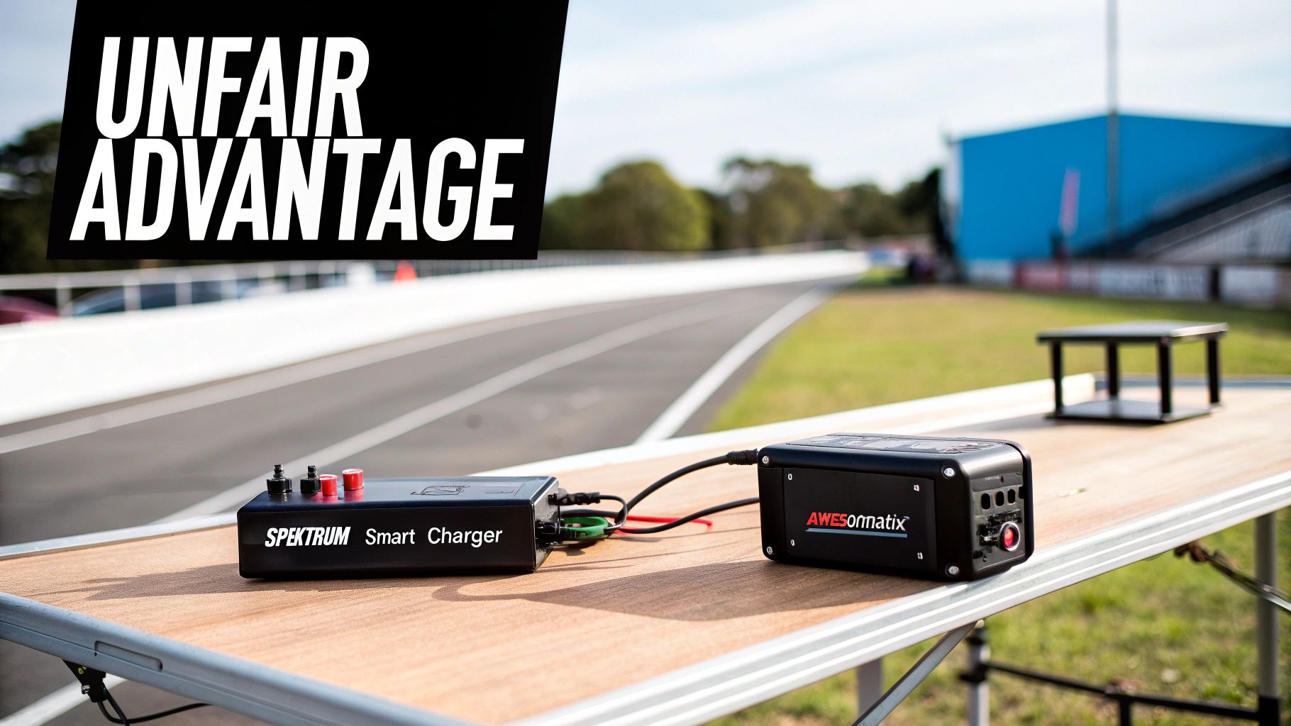 Spektrum Smart Charger and Awesomatix device on a wooden table at an outdoor race track.