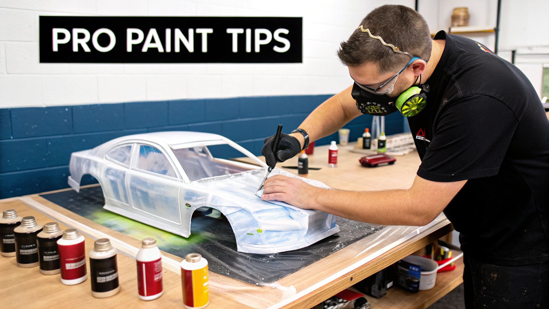 A person in safety gear applies masking tape to a white RC car body on a wooden table.