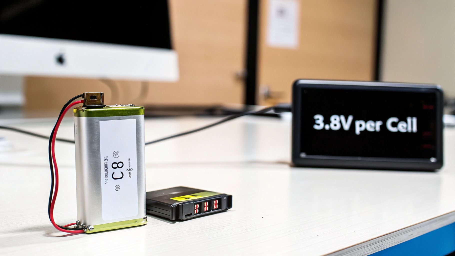 A large LiPo battery is connected, with a display showing '3.8V per Cell'.