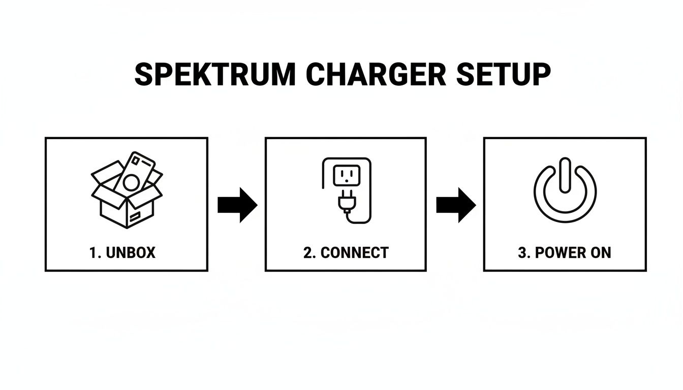 A three-step guide to setting up a Spektrum charger: unbox, connect, and power on.