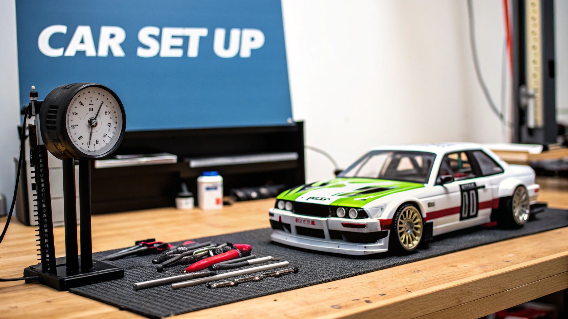 An RC racing car and various tuning tools are laid out on a workbench for setup.