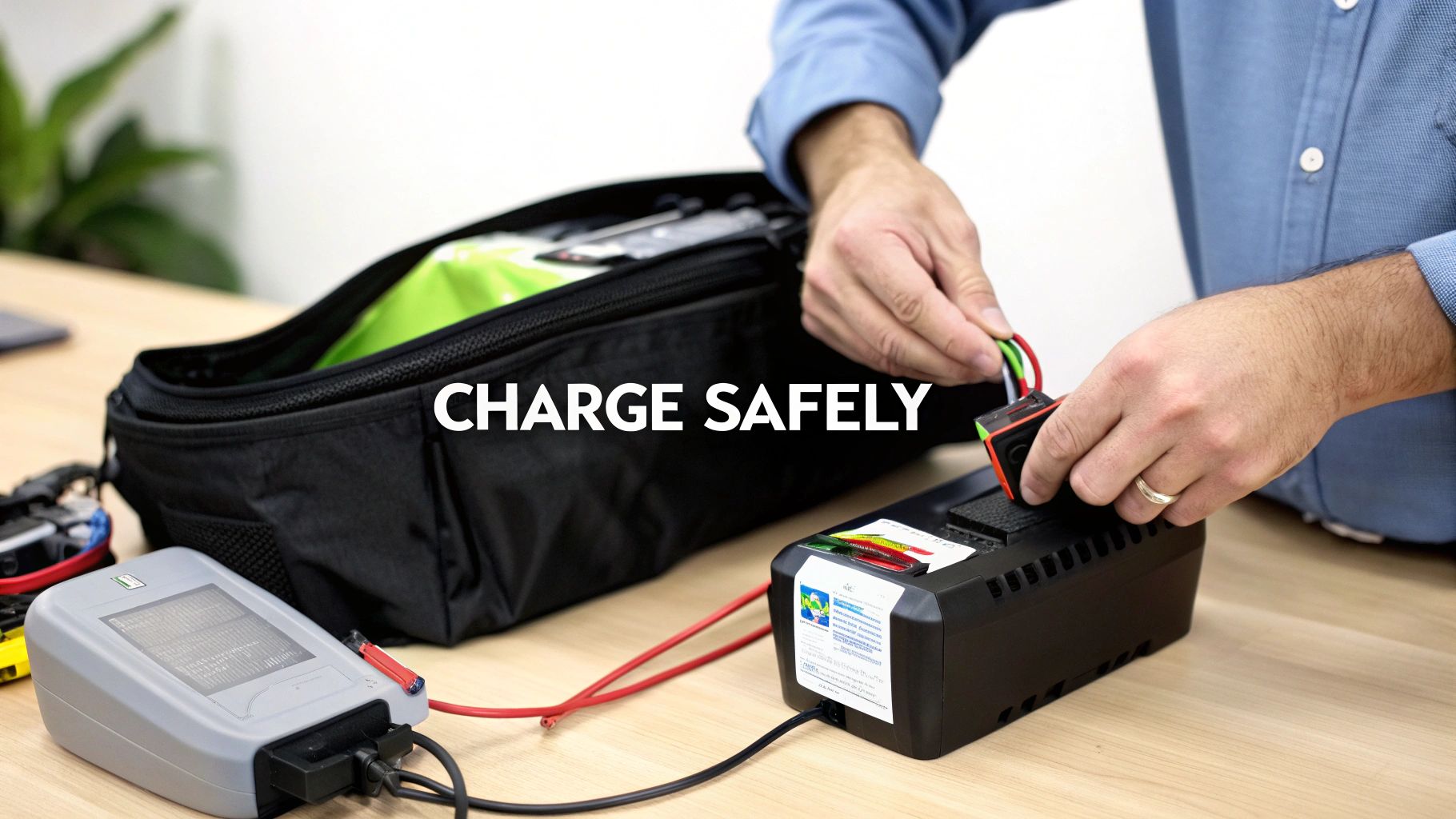 A person connects wires to an electronic charging device on a wooden desk, emphasizing safe charging practices.