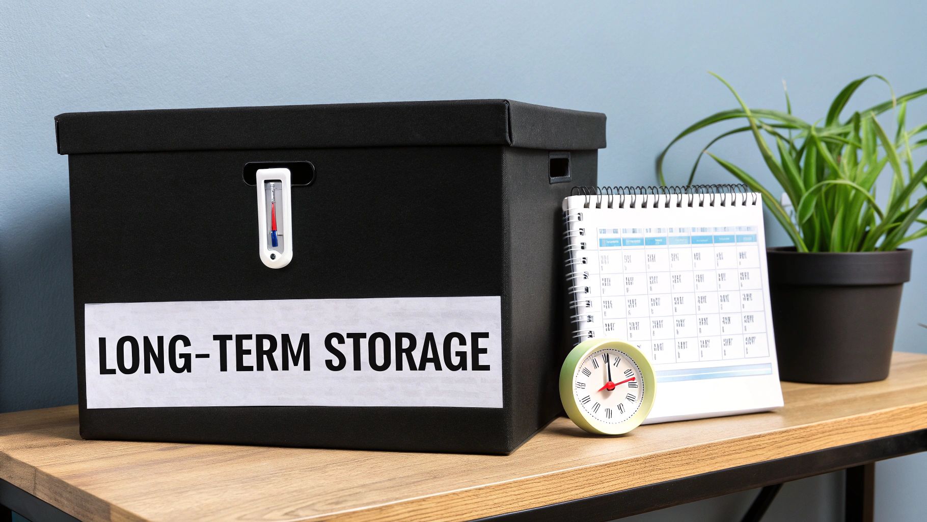 A black storage box labeled 'LONG-TERM STORAGE' sits on a wooden shelf next to a calendar, small clock, and plant.