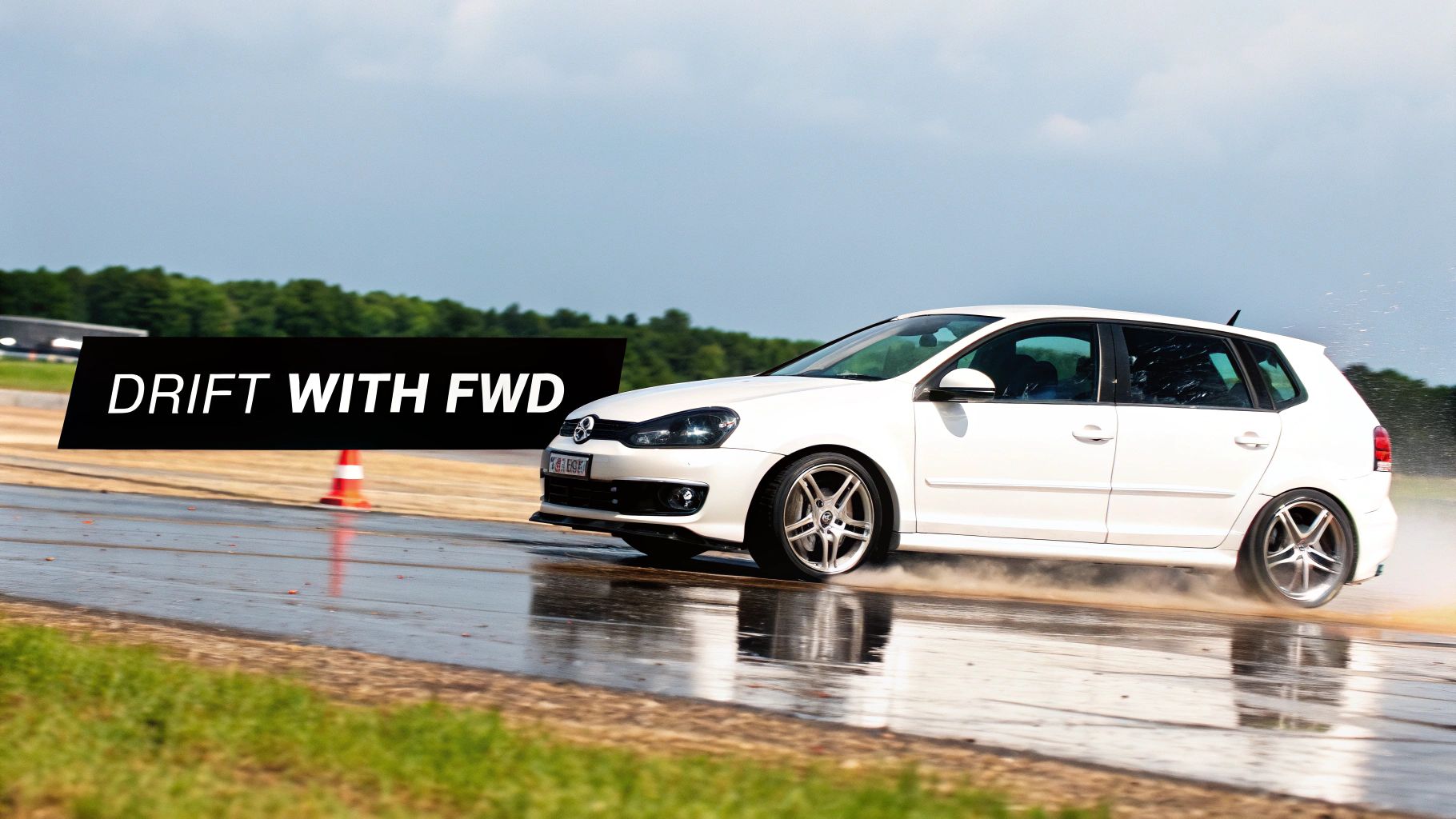 A white FWD car drifts on a wet track, spraying water, with a 'DRIFT WITH FWD' banner.