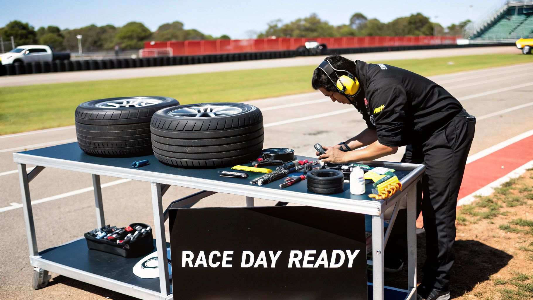 A mechanic wearing headphones works on tools and race car tires on a cart at a racetrack.