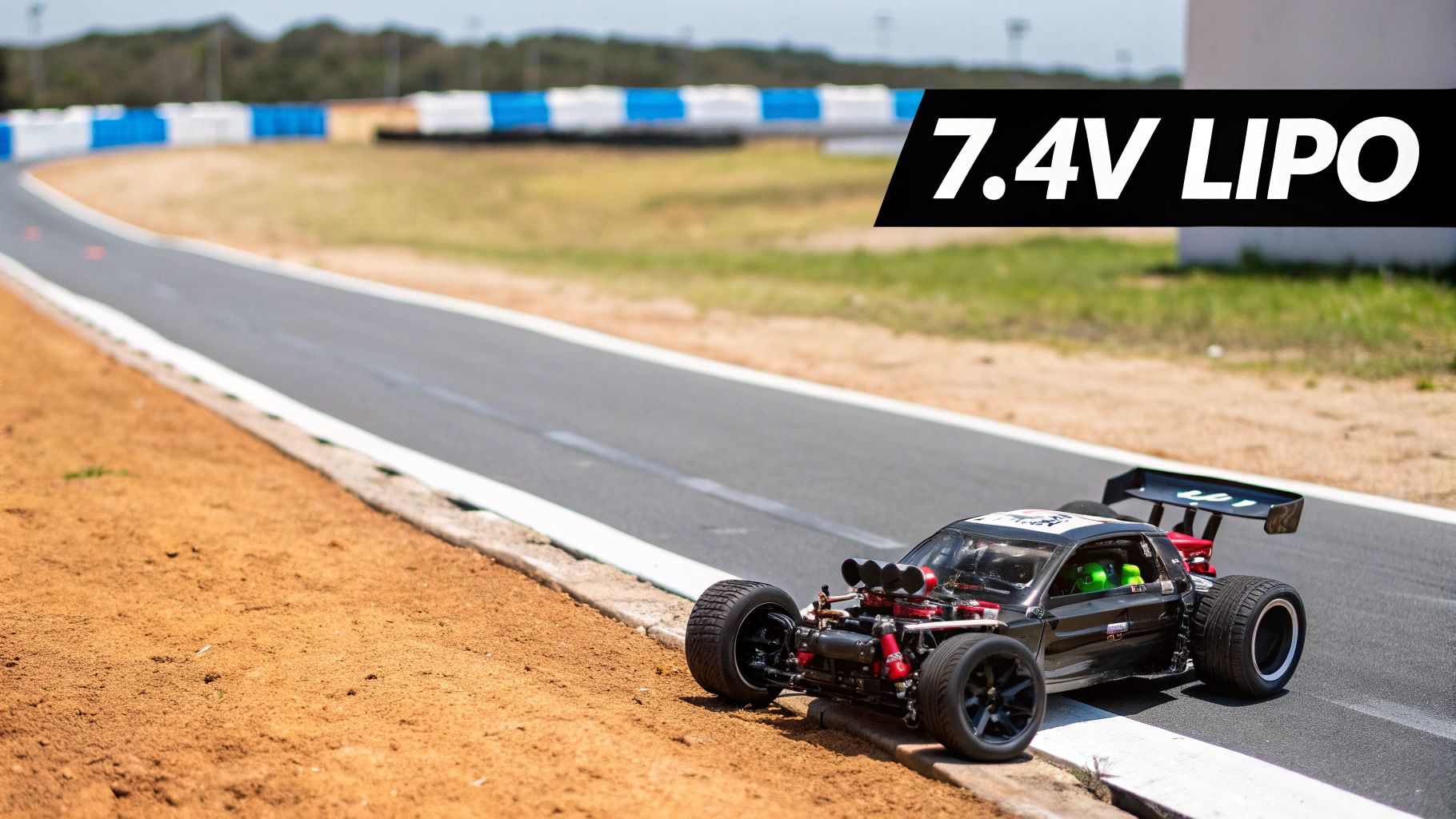 A black remote-controlled car with green interior on a race track with "7.4V LIPO" text overlay.