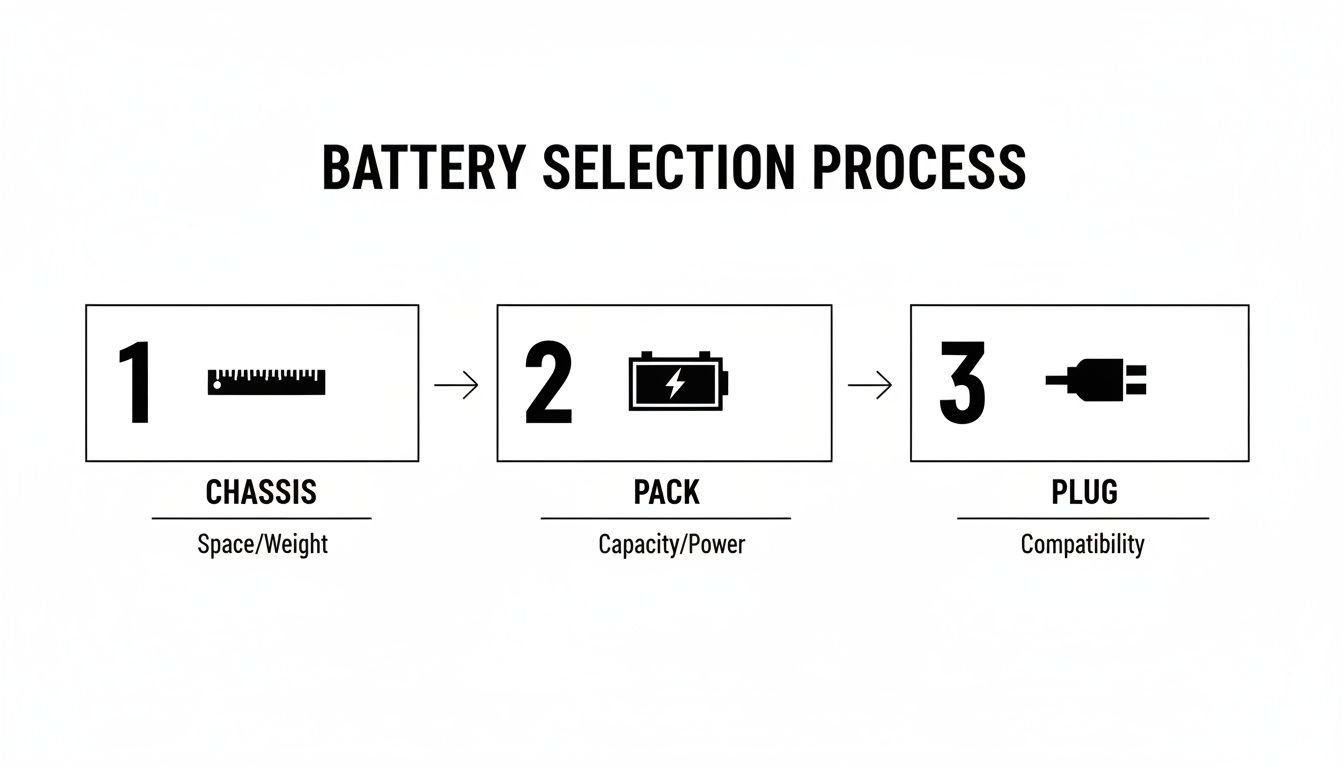 Flowchart illustrating a 3-step battery selection process based on chassis, pack, and plug requirements.