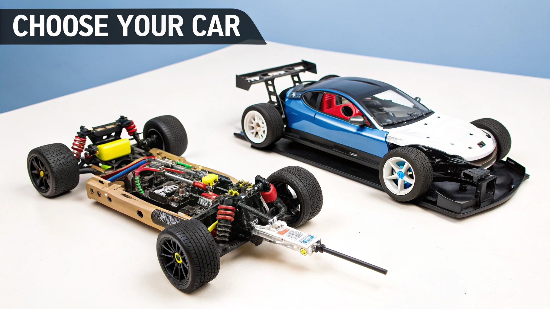 Two detailed RC cars, one exposing its chassis, the other with a sleek blue and white body.