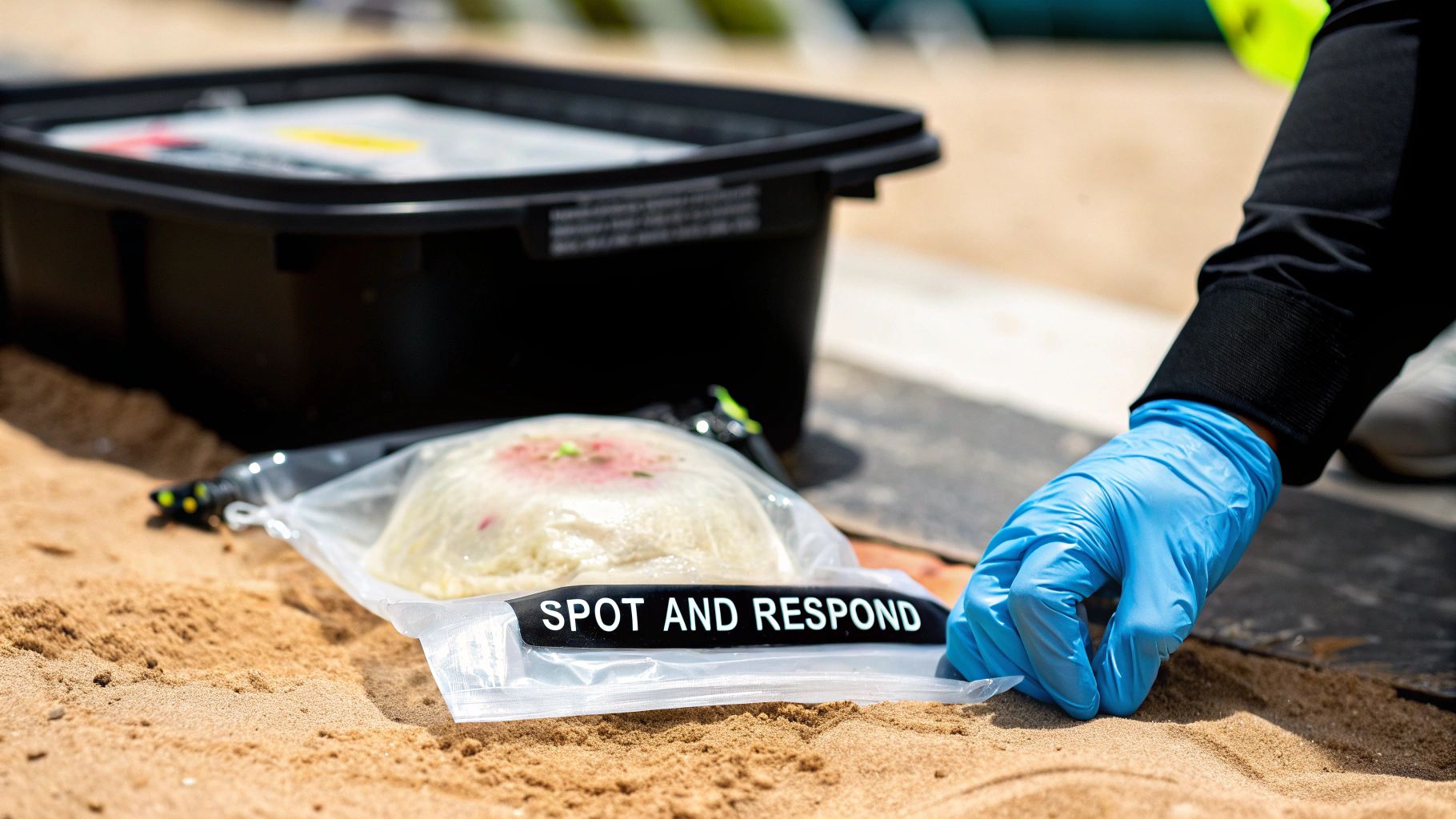 A blue-gloved hand carefully handles a clear plastic bag labeled 'SPOT AND RESPOND' on sandy terrain.