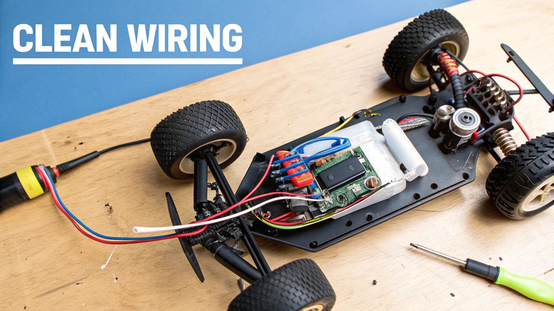 Underside of an RC car with exposed wiring, electronic components, and a screwdriver on a wooden table.