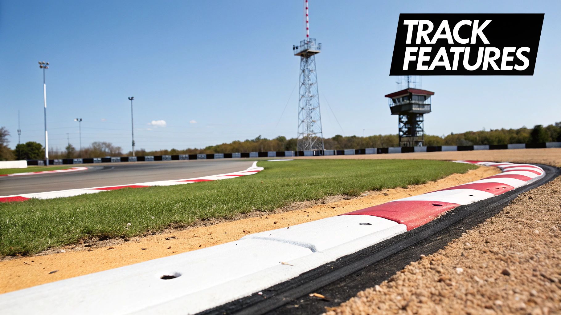 Low angle view of a race track curve with red and white curbs, green grass, and control towers.