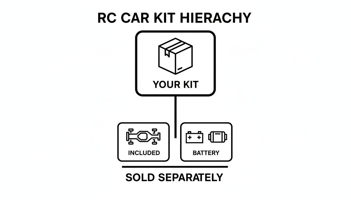 RC car kit hierarchy diagram showing included components and battery sold separately.