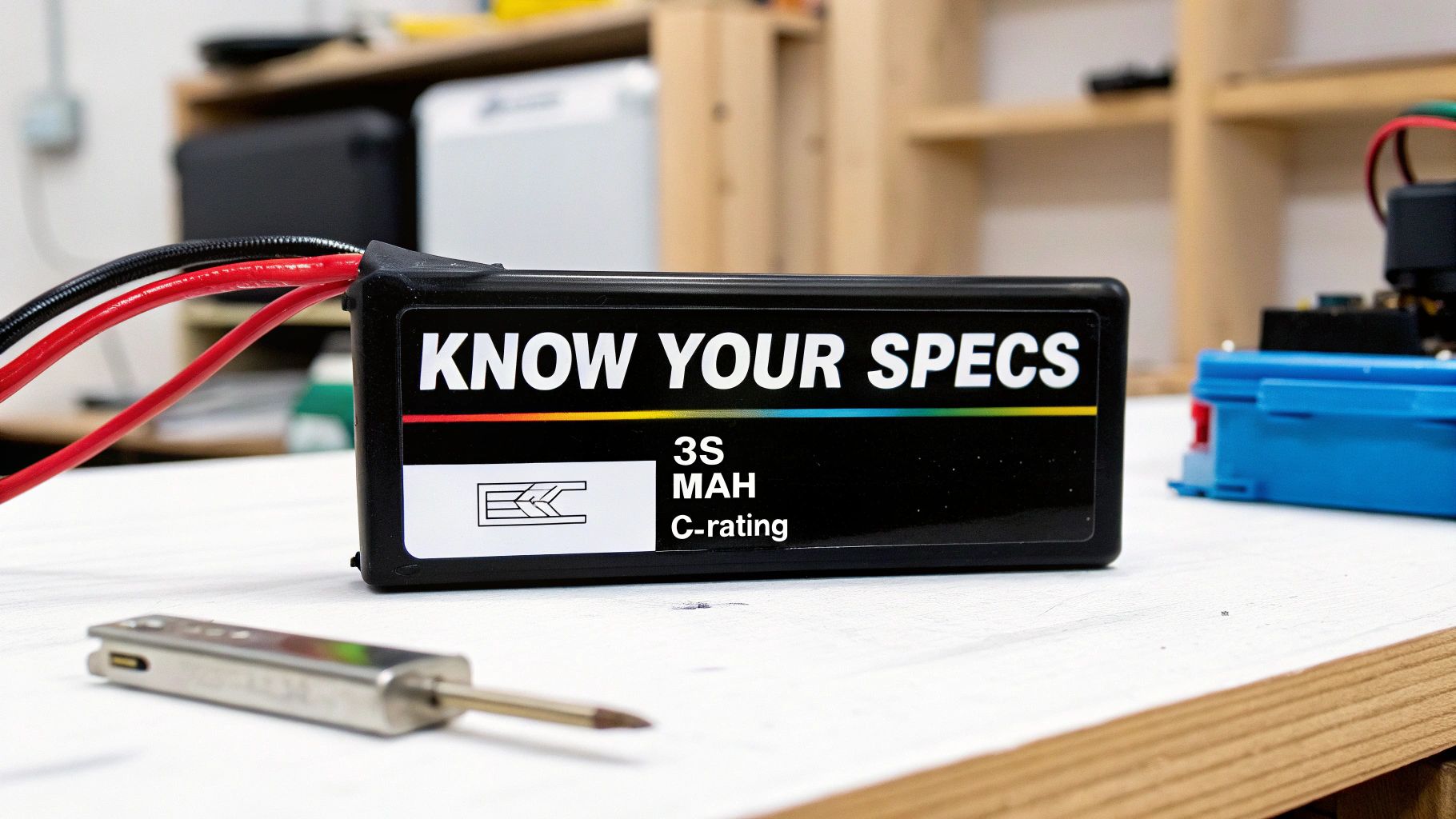 A close-up of a black LiPo battery labeled 'KNOW YOUR SPECS' with 3S, MAH, and C-rating on a white table.