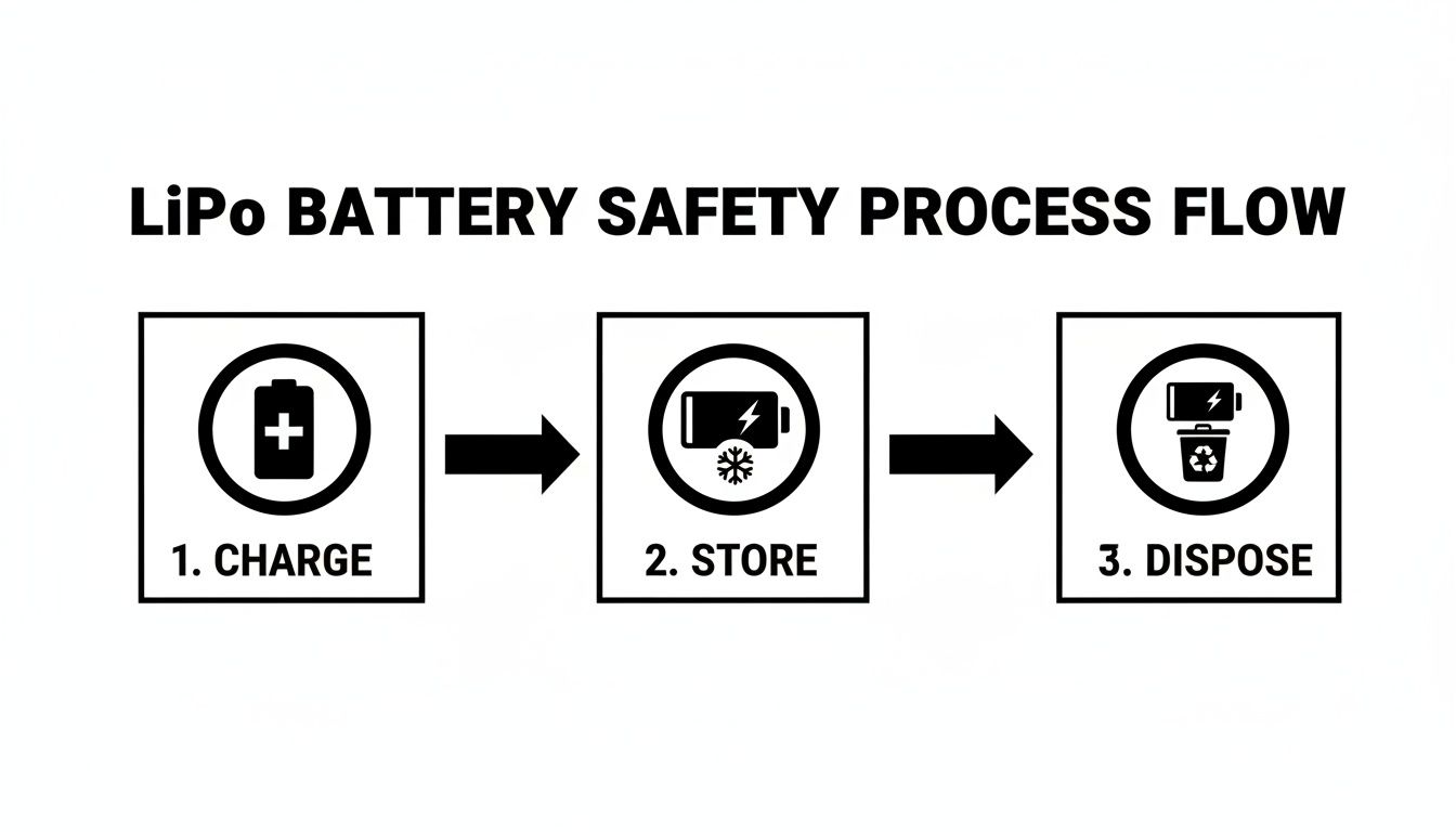 LiPo battery safety process diagram illustrating charge, store, and dispose steps with icons.