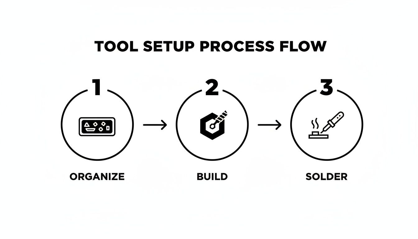 Infographic illustrating a three-step tool setup process flow: Organize, Build, and Solder, with icons.