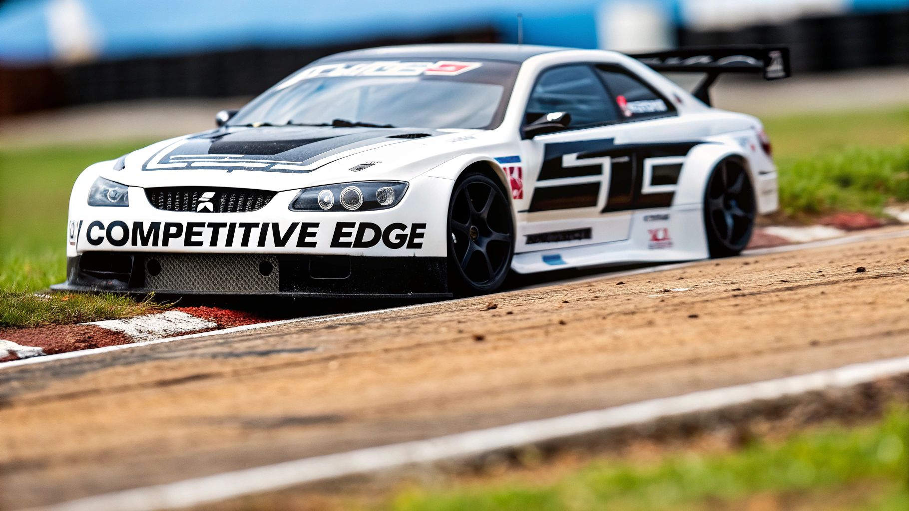 A white RC race car with 'COMPETITIVE EDGE' branding races on a track.