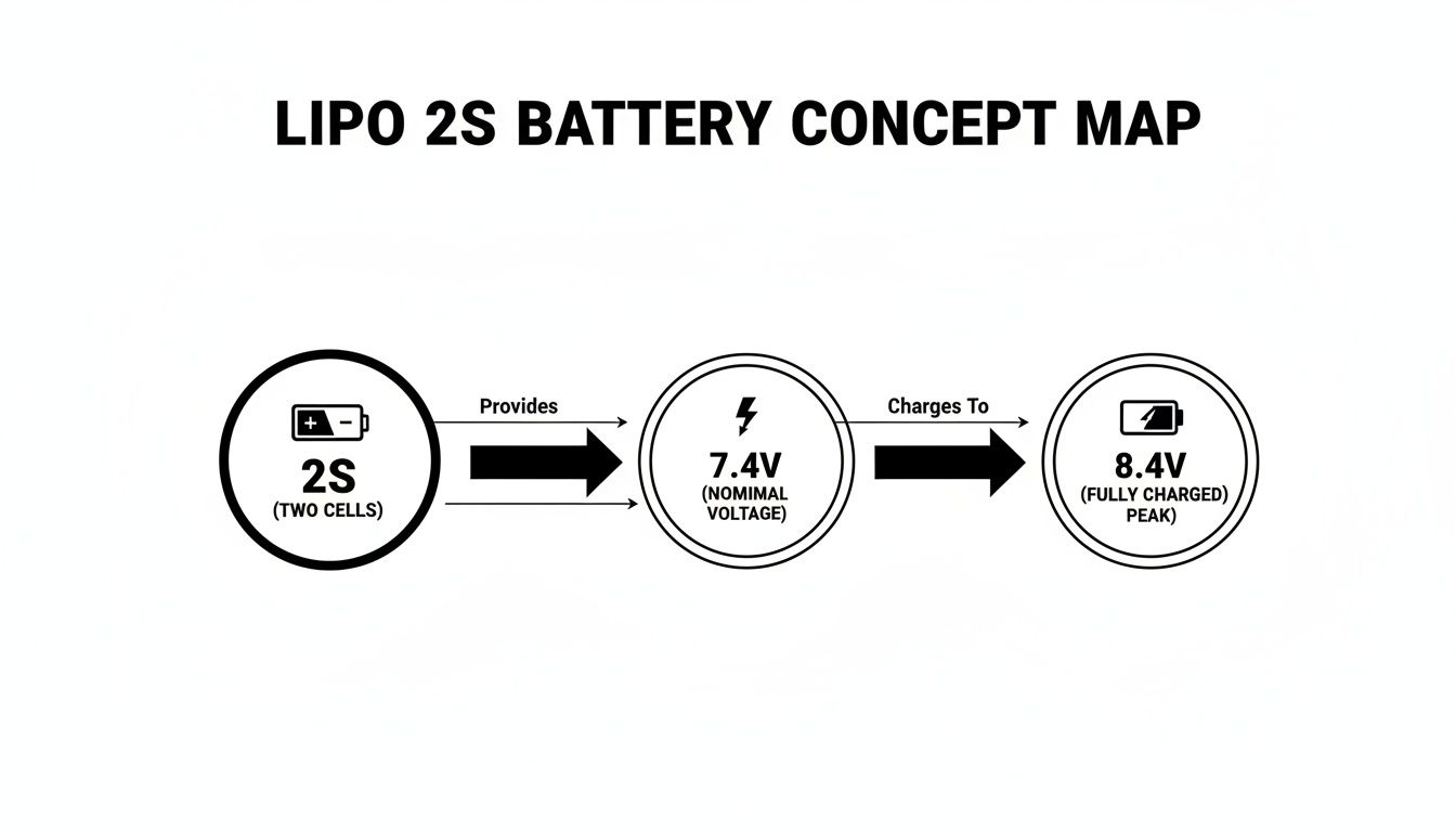 A concept map illustrates a LiPo 2S battery, showing two cells, 7.4V nominal, and 8.4V peak.