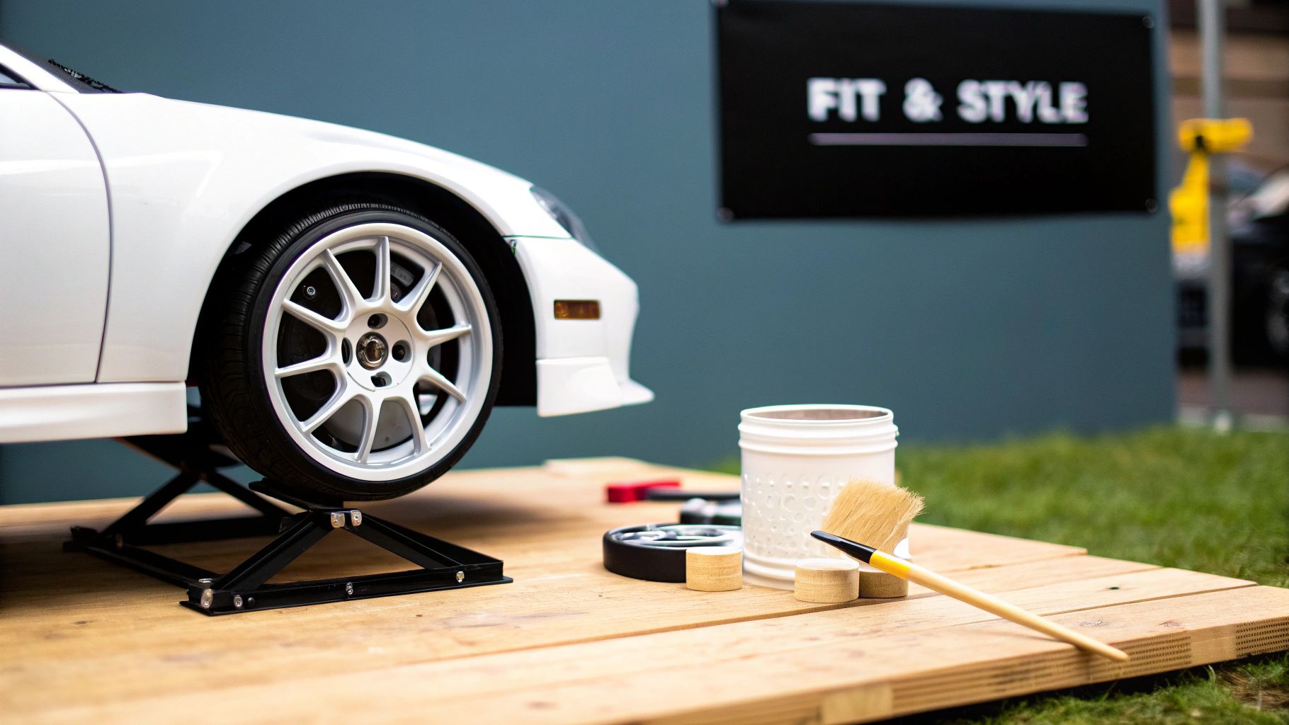 A white 1/10 scale RC drift car on a stand with cleaning tools on a wooden platform.