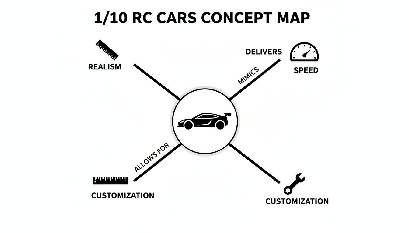 A concept map titled '1/10 RC CARS CONCEPT MAP' showing branches for realism, speed, and customization.