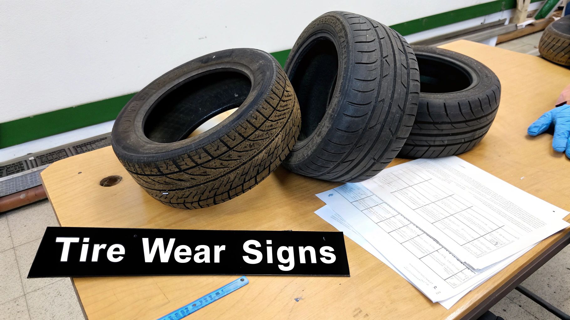 Three car tires displayed on a wooden table next to a sign reading 'Tire Wear Signs'.