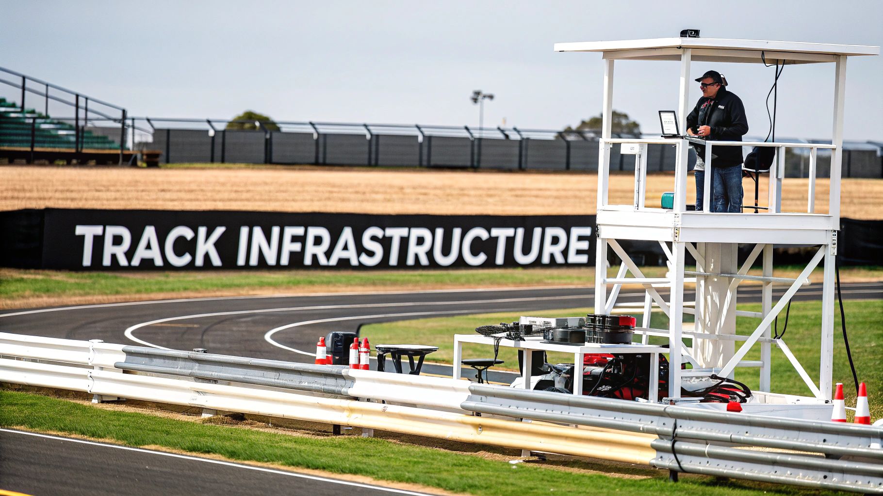 A man in a race track control tower with a laptop, overseeing the track infrastructure.