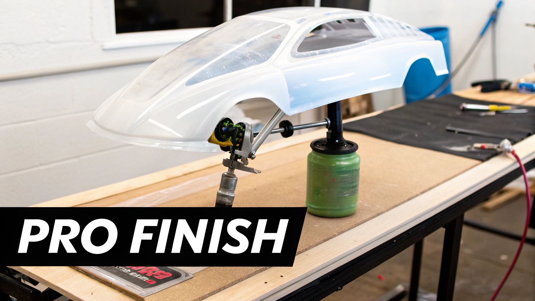 A clear, unpainted 1/10 scale RC car body mounted on a stand, ready for professional painting.