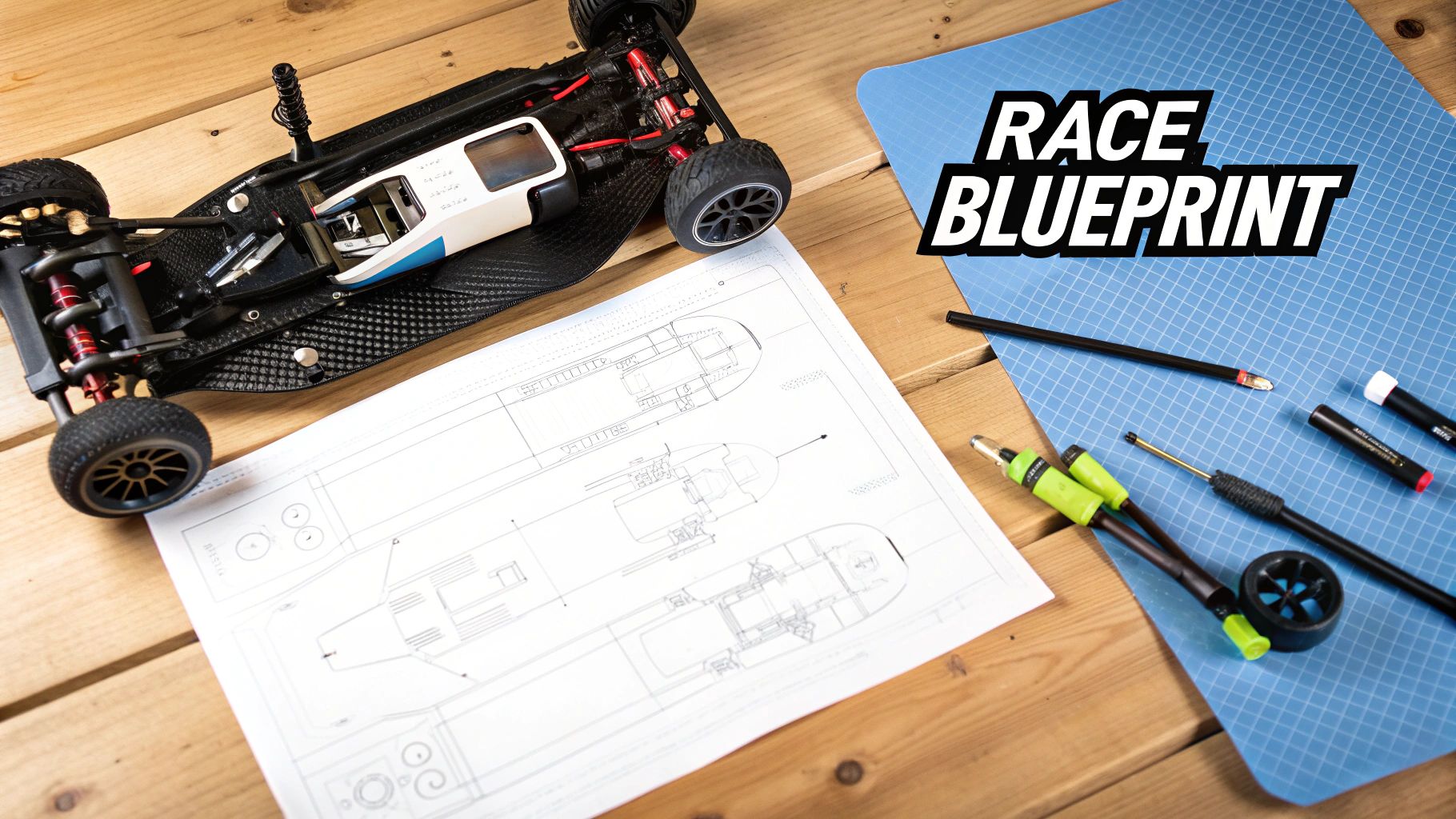 An RC car sits on a wooden table next to blueprints and various tools for its construction.