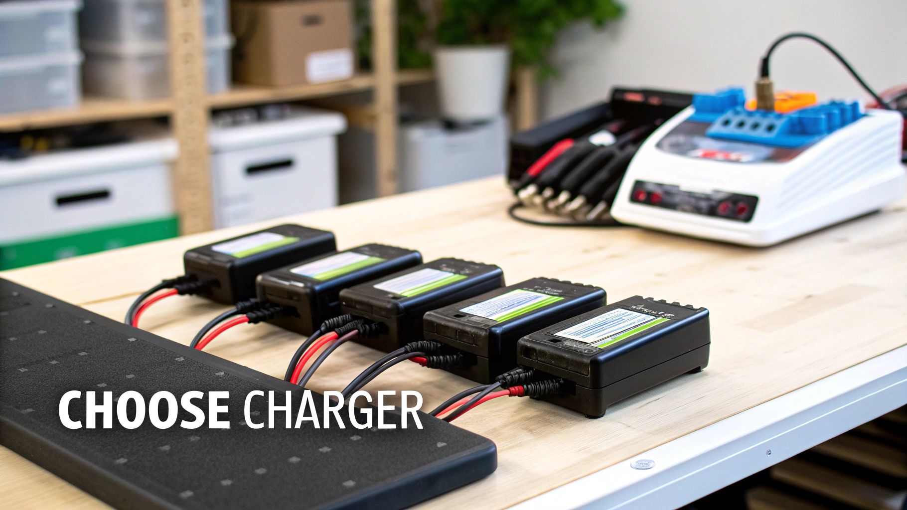 Multiple black LiPo battery packs connected to a charging board on a wooden desk, with a larger charger unit.