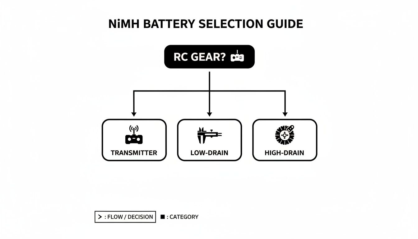 Flowchart illustrating NiMH battery selection for RC gear, categorizing transmitter, low-drain, and high-drain applications.