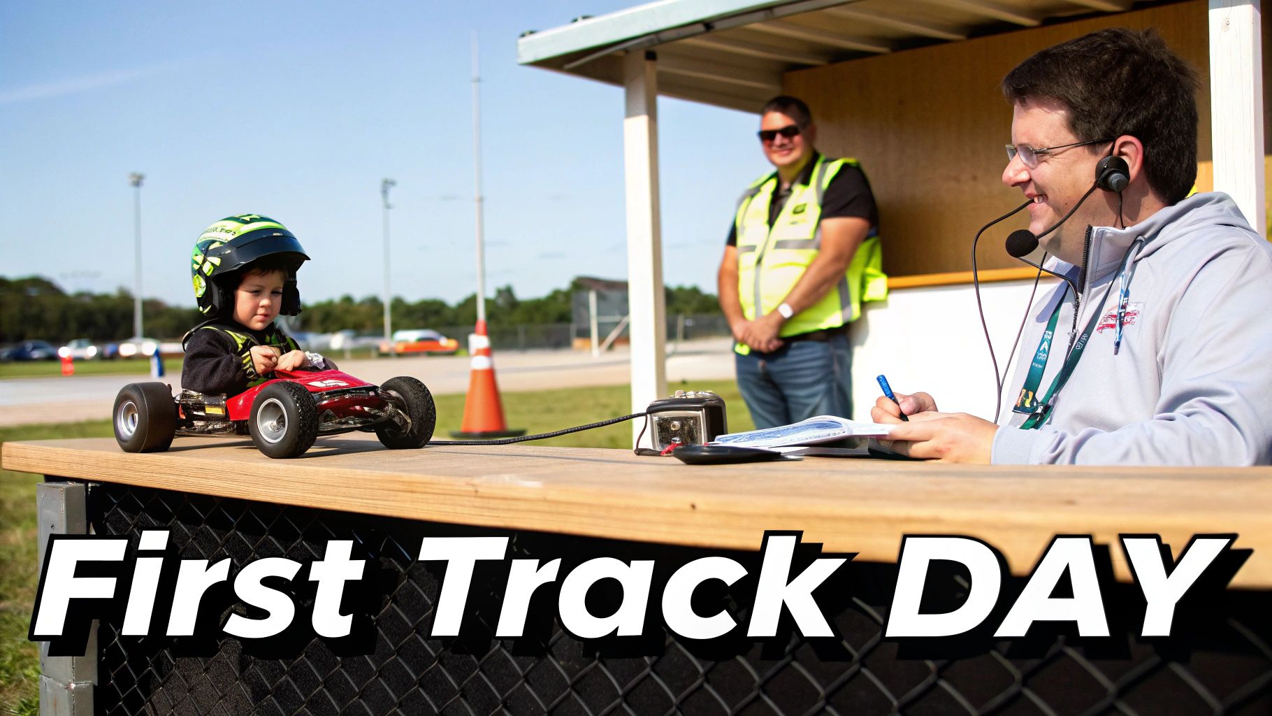 A young child in a helmet sits in an RC car, with an adult supervisor at a track.