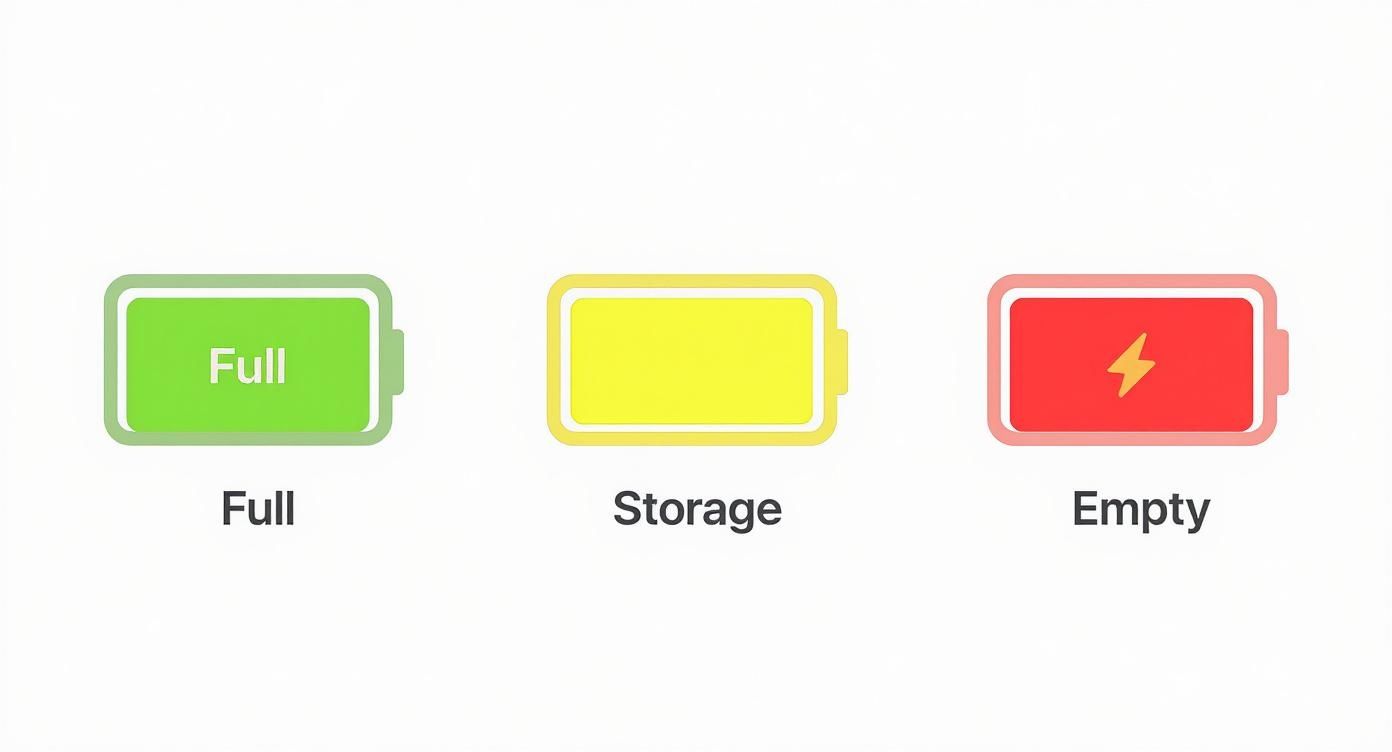 Three battery icons showing full (green), storage (yellow), and empty (red with lightning bolt) charge levels.
