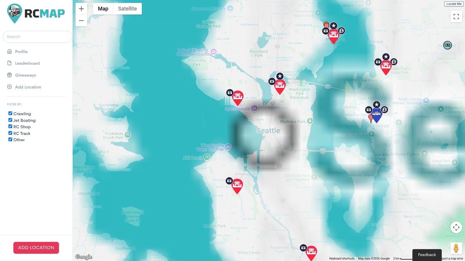 A map view from RCMap.io showing various RC track locations marked with pins