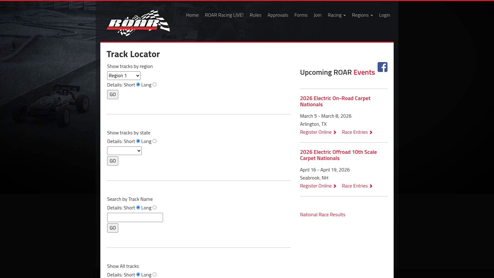 The ROAR track locator page showing options to search for tracks in different Canadian provinces.